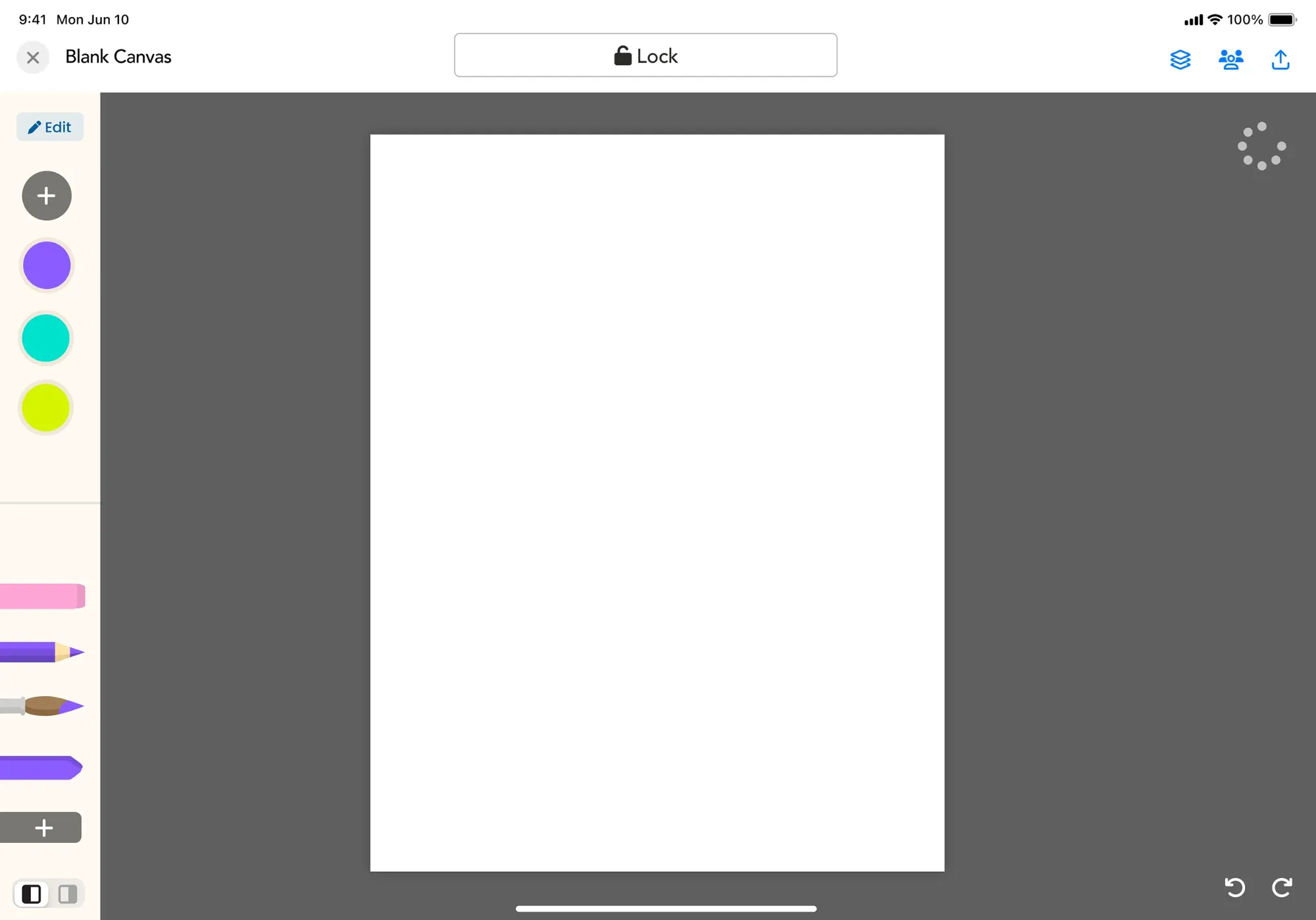 A blank canvas with three colors and drawing tools.