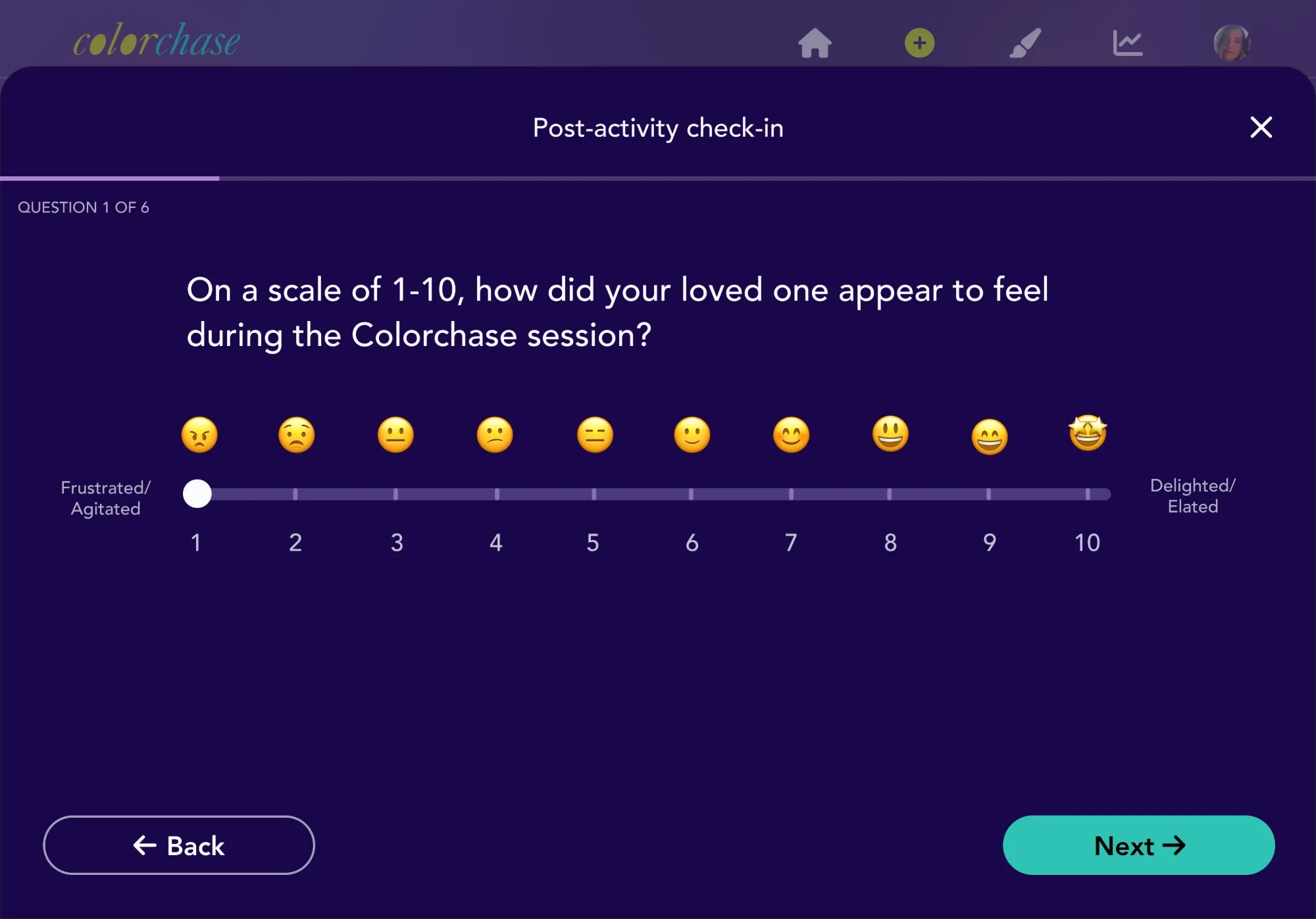 Post-activity check-in, question 1 of 6: on a scale of 1 to 10, how did your loved one appear to feel during the session, with an emoji above each number from frustrated to delighted.