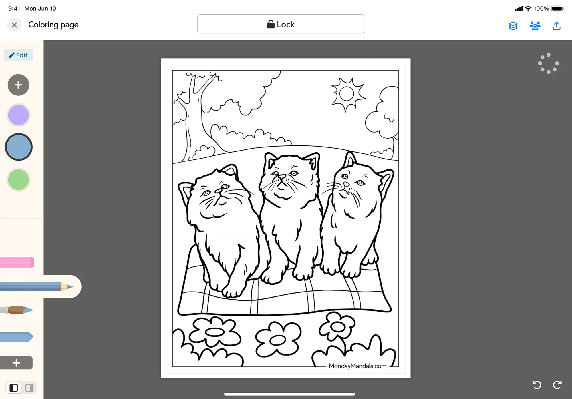 A coloring page of three kittens open on iPad, with color swatches and drawing tools on the left and undo and redo at the bottom right.