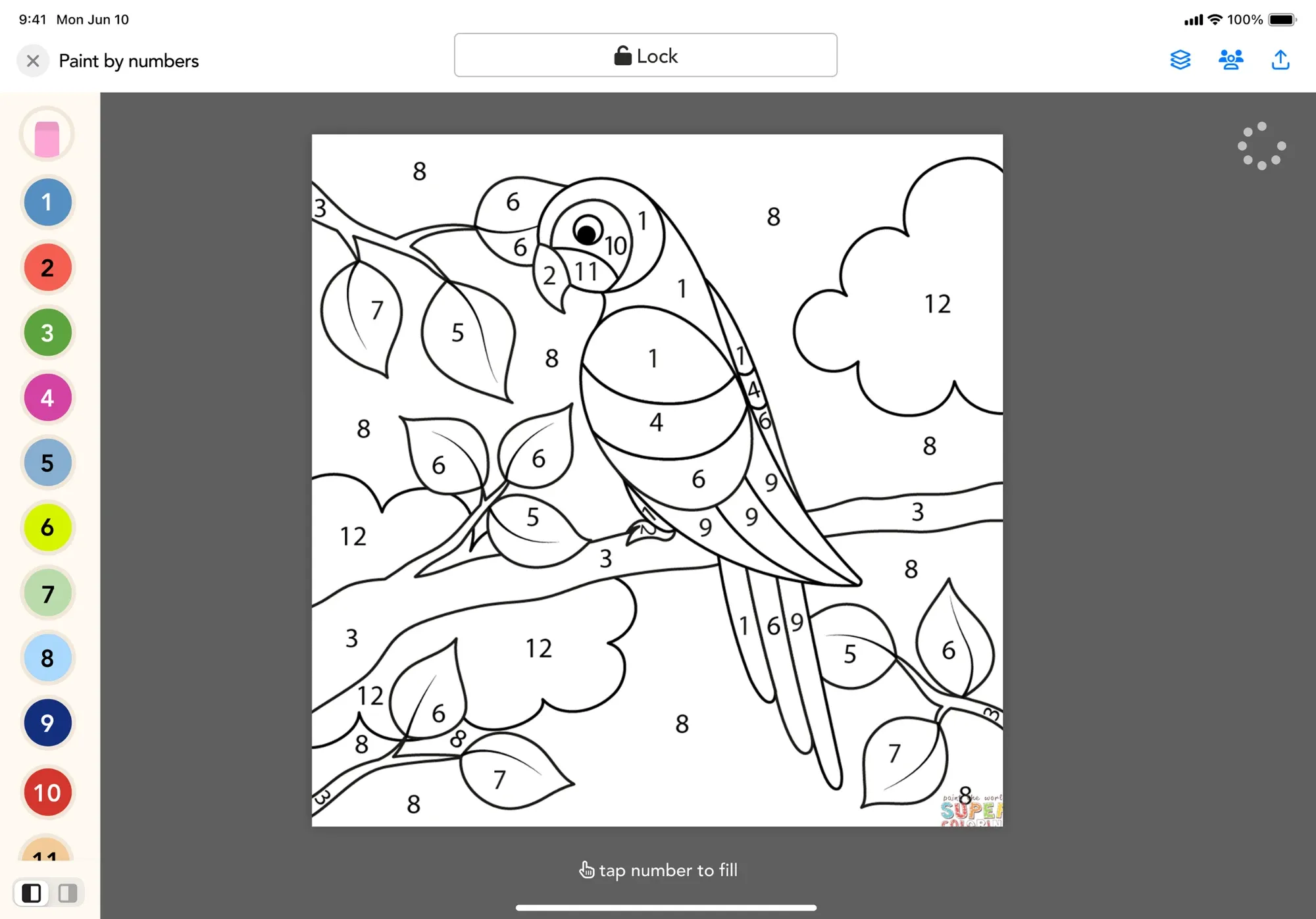 A paint by numbers parrot on iPad, with a numbered color palette down the left side.