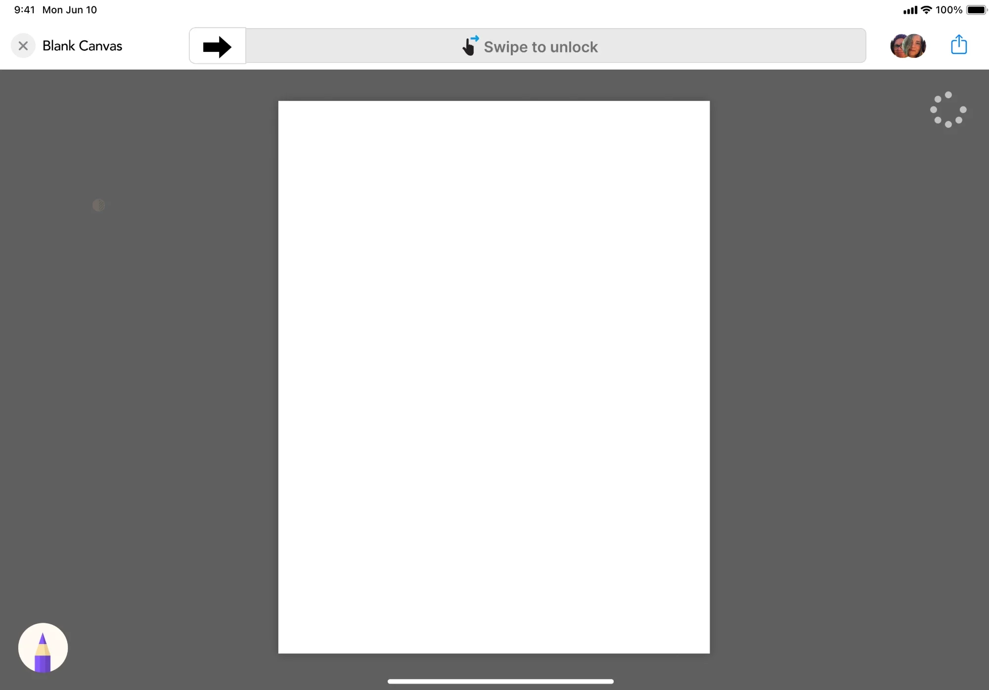The same blank canvas with tools locked: the palette and tool tray are hidden, a Swipe to unlock bar runs across the top, and only the current pencil shows in the corner.