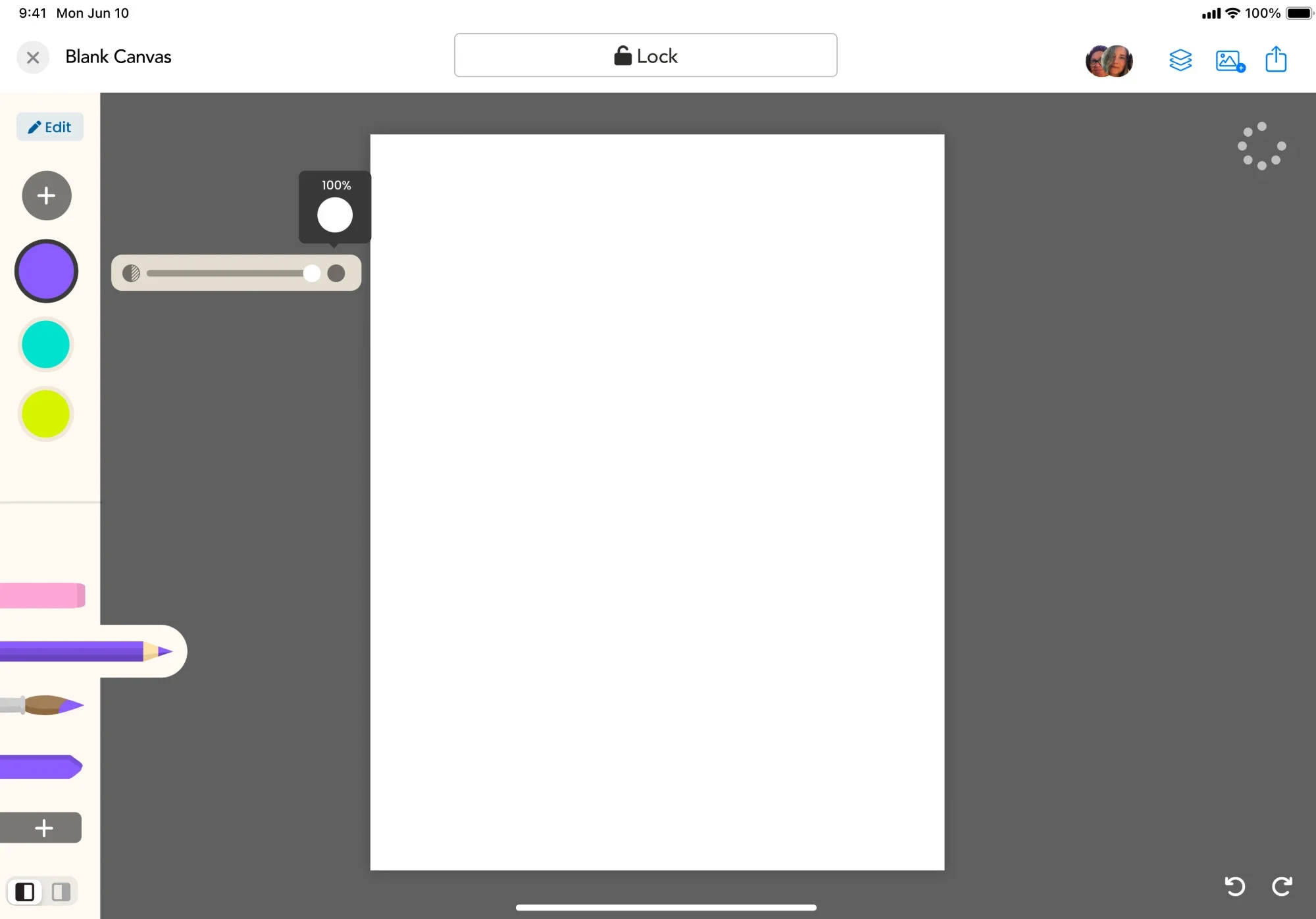 The final drawing screen with the selected purple swatch tapped again, showing an opacity slider at 100 percent.