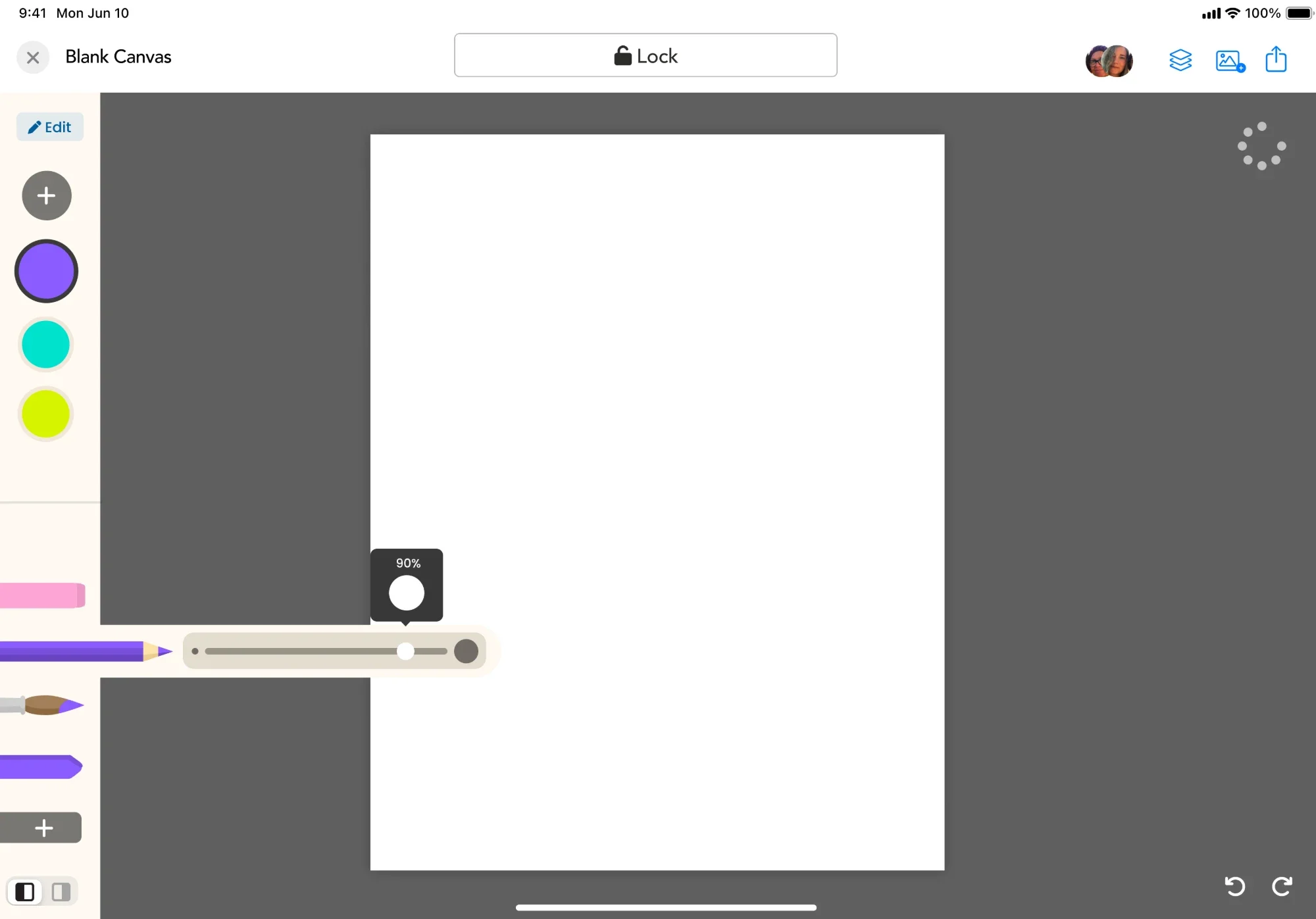 The final drawing screen with the selected pencil tapped again, showing a stroke size slider.