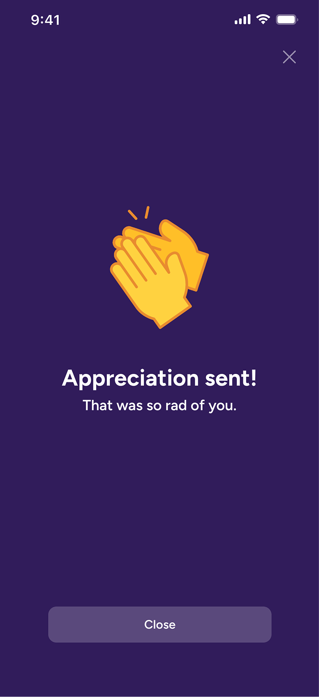 The confirmation screen after sending an appreciation, with clapping hands.