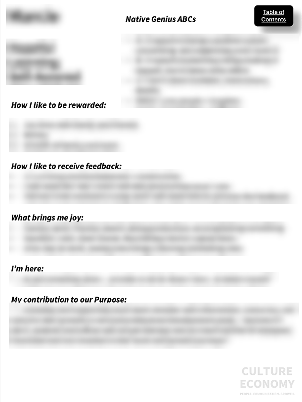 One of Brennan’s hand-built profile documents, with sections for how the person likes to be rewarded, receive feedback, and what brings them joy. Personal details are blurred.