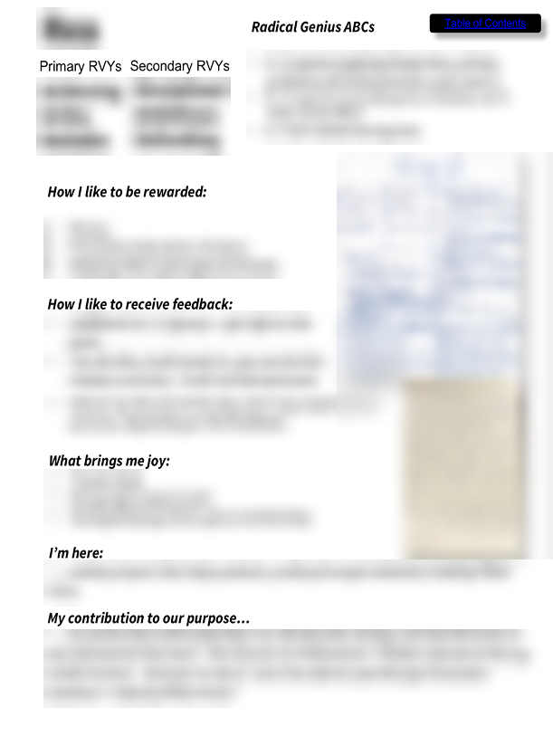 Another hand-built profile, with photos of handwritten workshop notes pasted beside the typed answers. Personal details are blurred.
