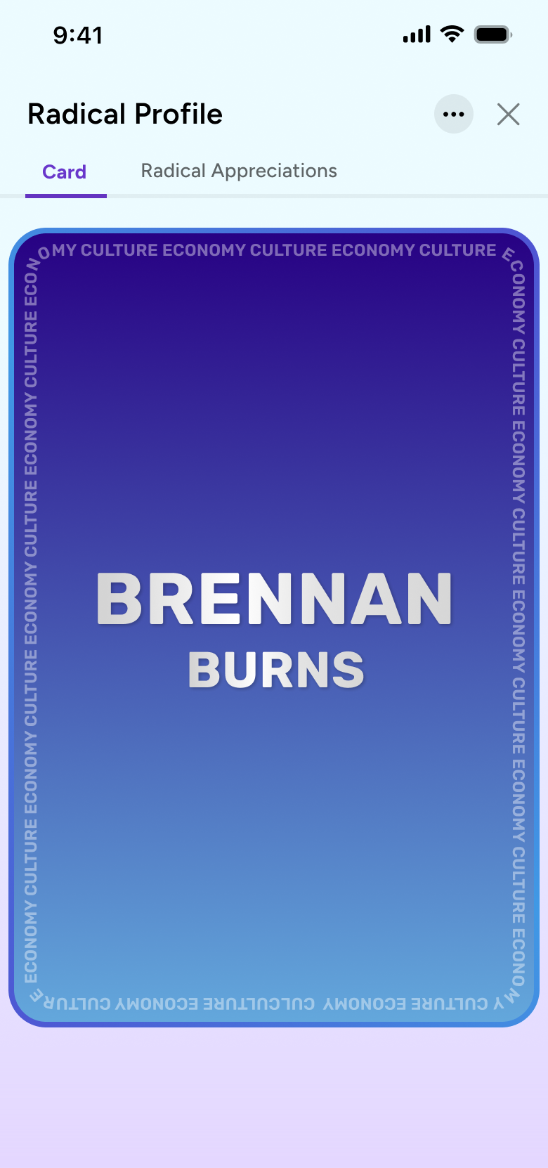 The cover of Brennan Burns' Radical Profile card, with his name over a purple gradient.