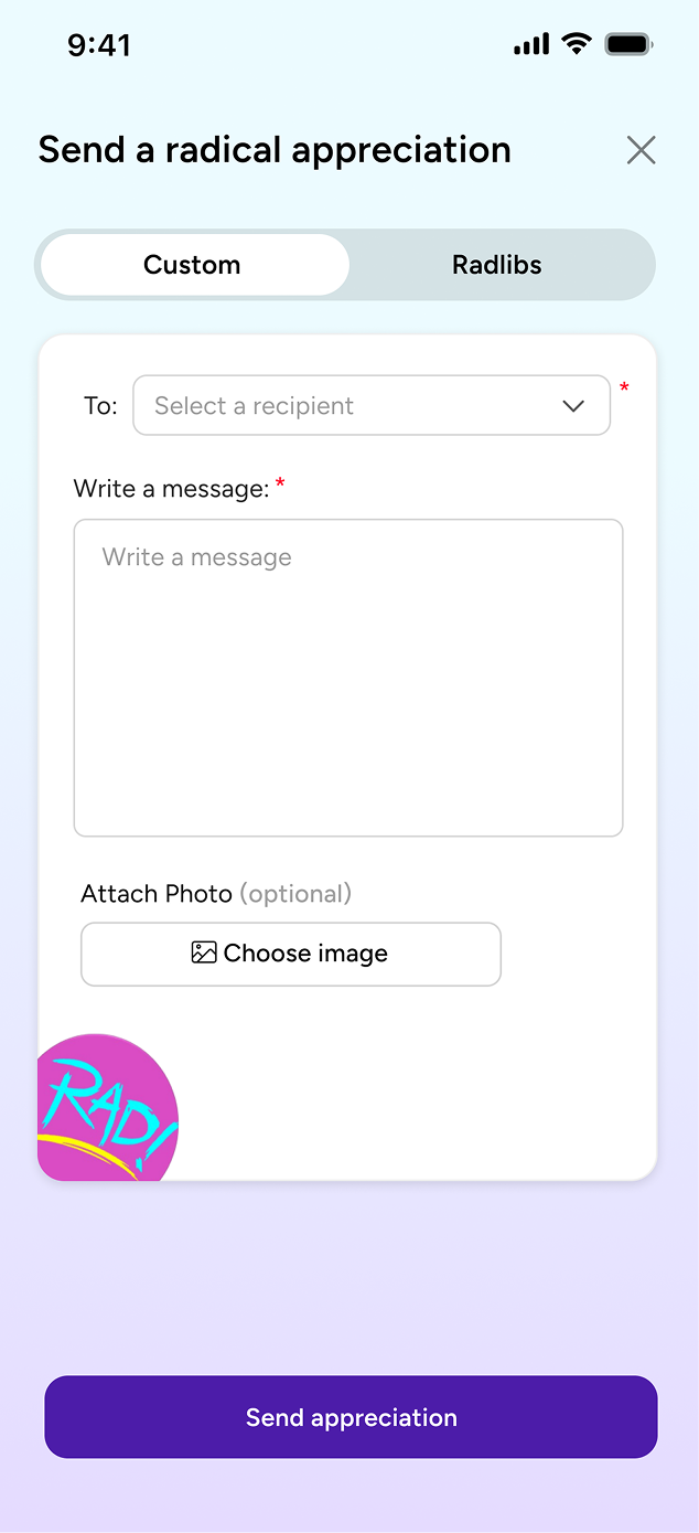 The custom message form, unlocked, with a toggle back to Rad Libs.