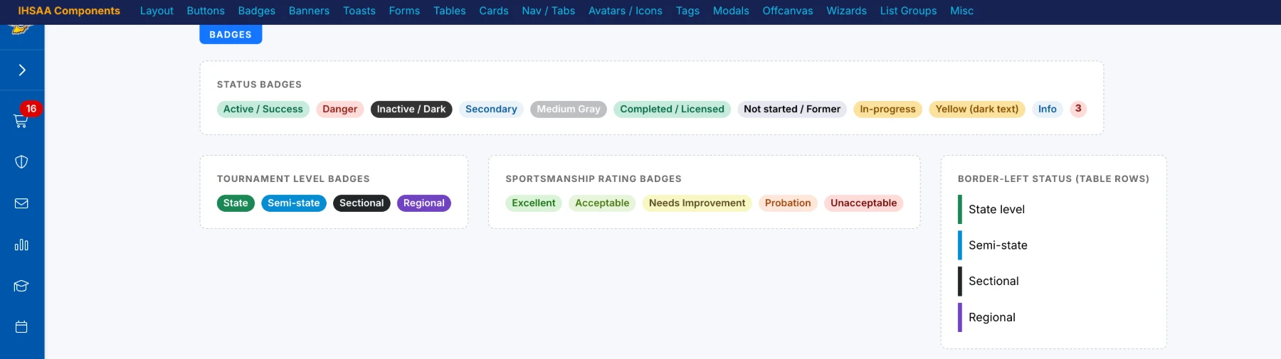The component document made after launch, with a section nav across the top and badges grouped by meaning: status, tournament level, sportsmanship rating, and table-row status.