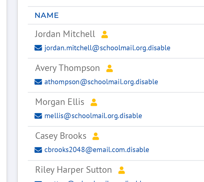 The original contact list, with a small yellow person icon next to each name that turned out to be a button. Names and emails are made up.