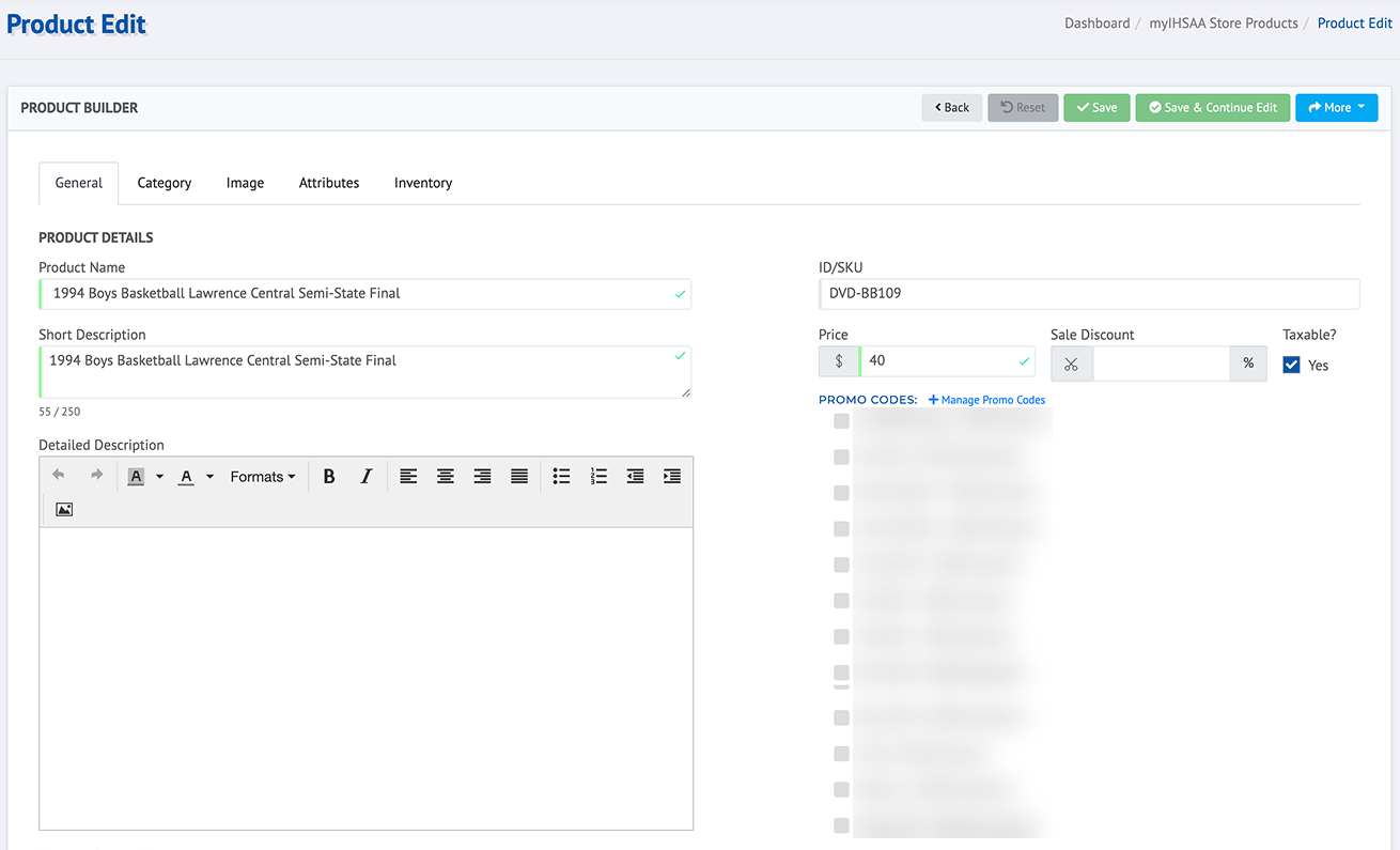 The original Product Builder, with tabs, a five-button toolbar, and a long list of promo code checkboxes. Promo codes are blurred.