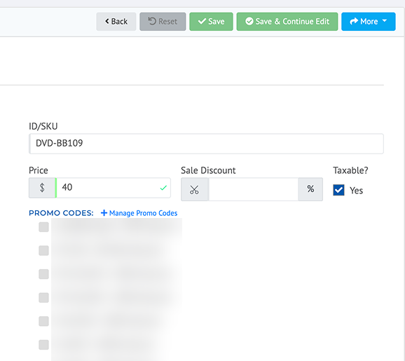 The original Product Builder toolbar with five buttons: Back, Reset, Save, Save and Continue Edit, and More. Promo codes are blurred.