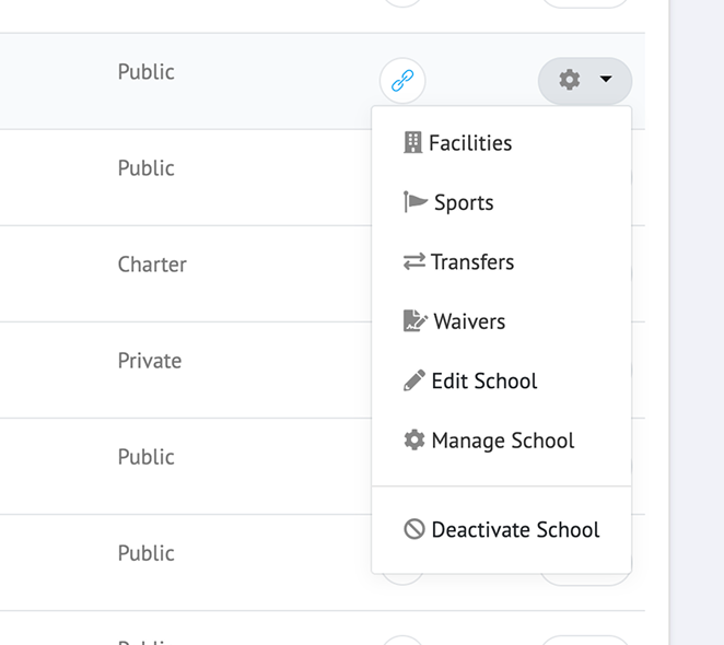 The original school actions menu, with both Edit School and Manage School as separate options.