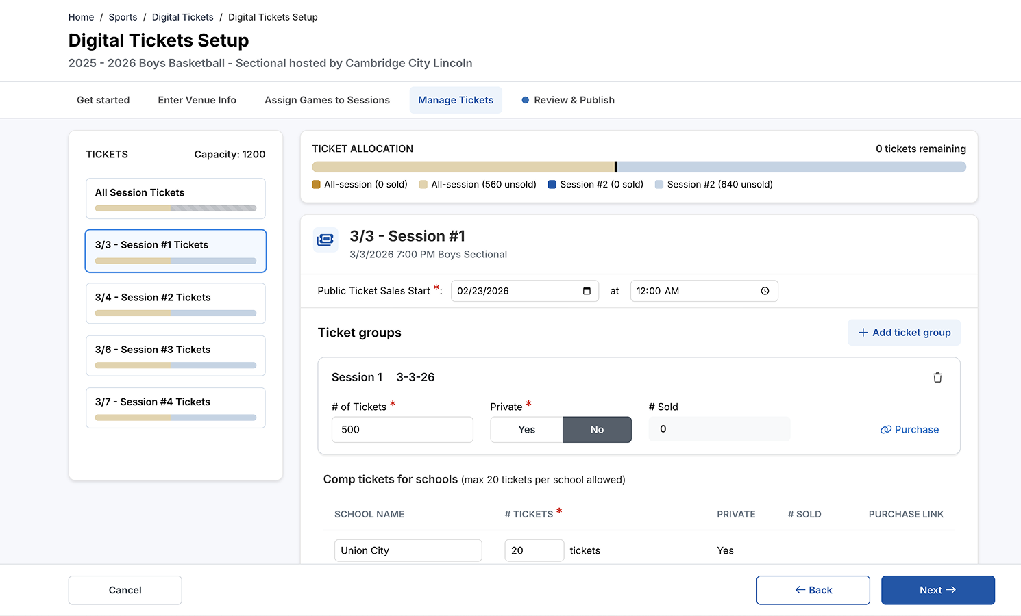 The redesigned Digital Tickets Setup, split into steps, with a ticket allocation bar and one session at a time.