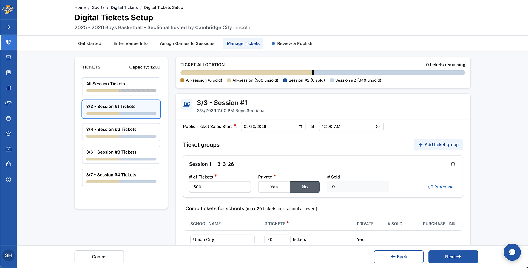 The redesigned Digital Tickets Setup, split into steps, with a ticket allocation bar and ticket groups for one session.