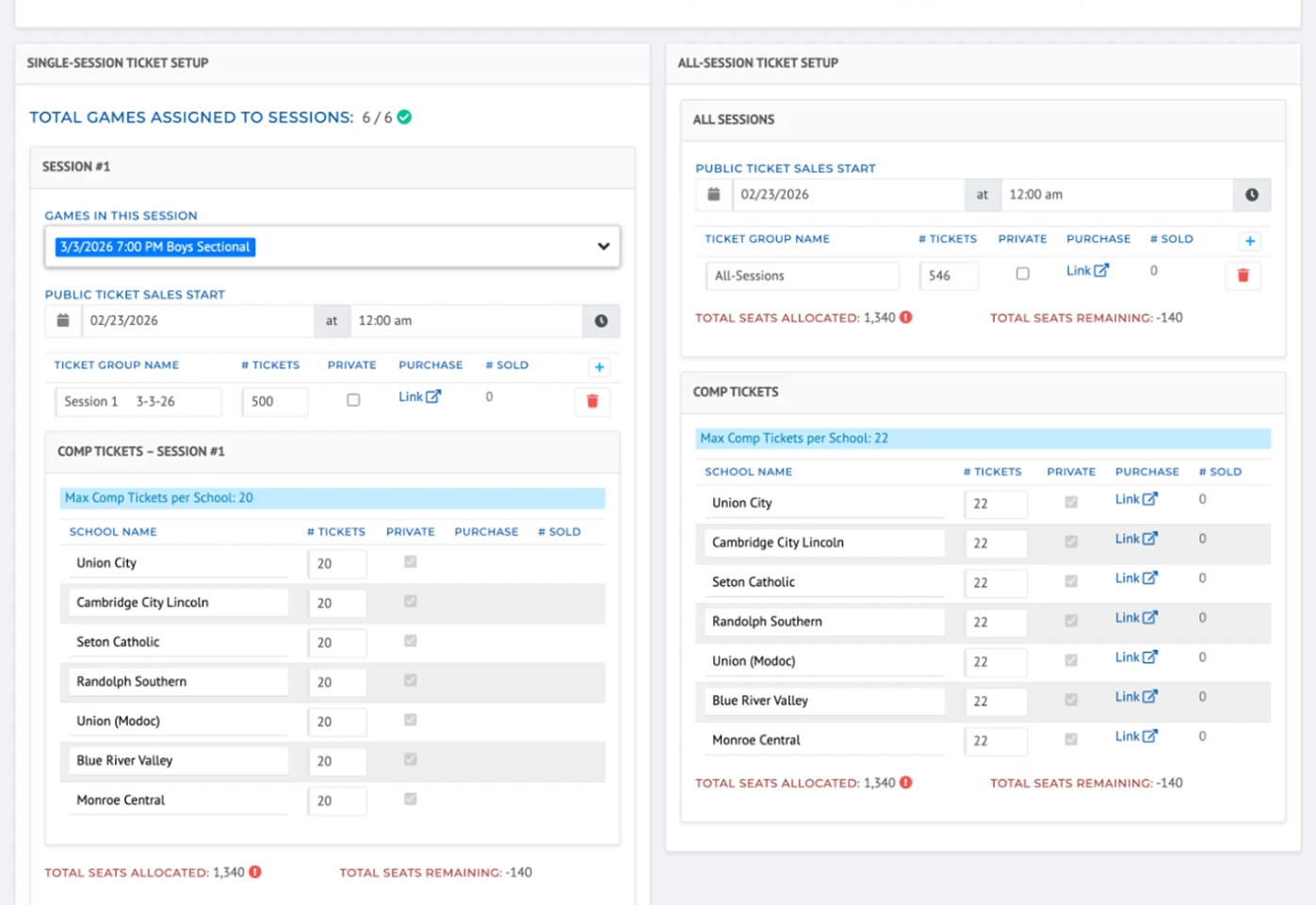 The original Tournament Series Digital Tickets Setup, with every session, ticket group, and comp ticket on one long page.