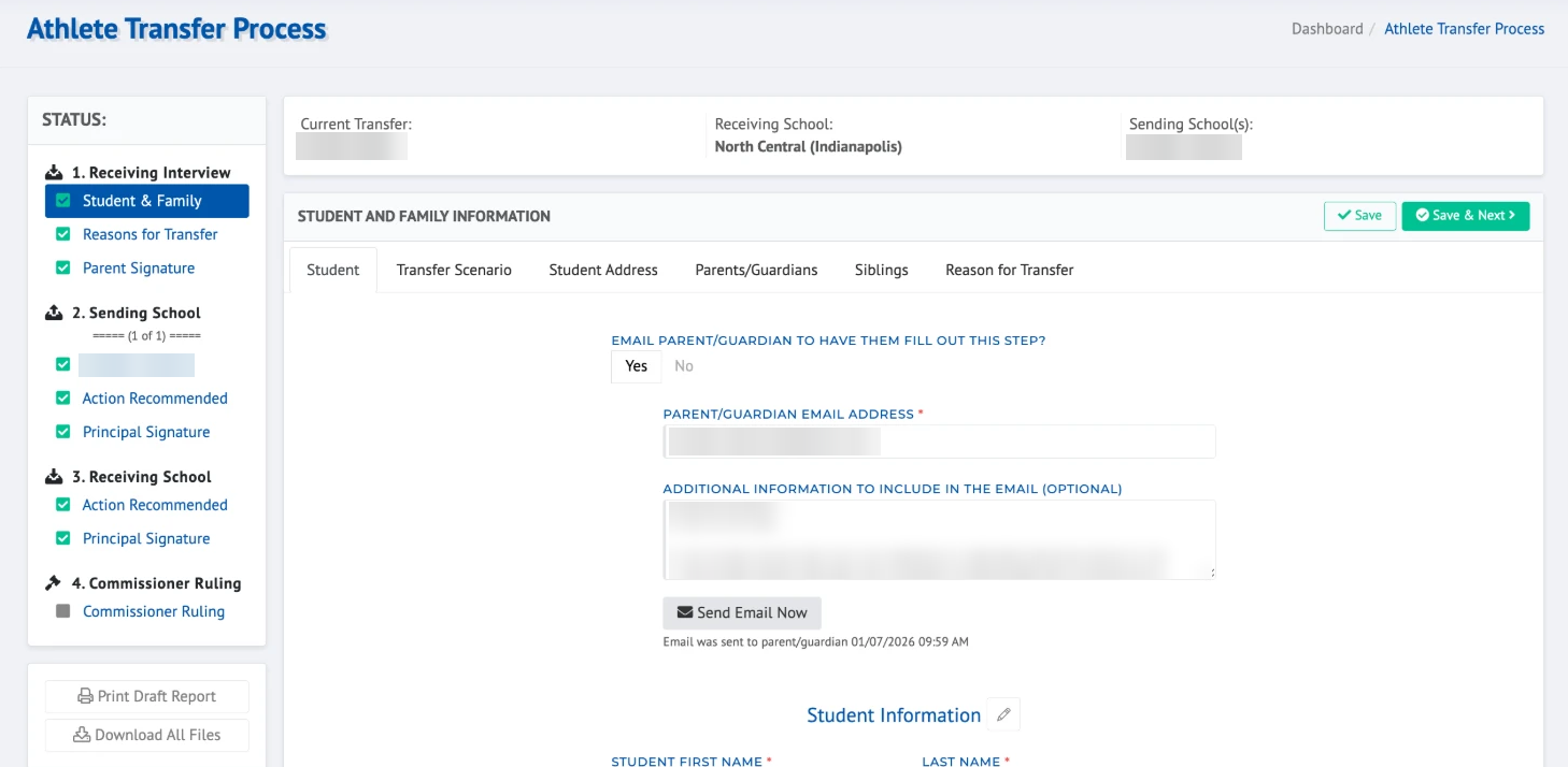 The original Athlete Transfer Process, with a status list on the left and a row of tabs across the student and family step. Personal details are blurred.