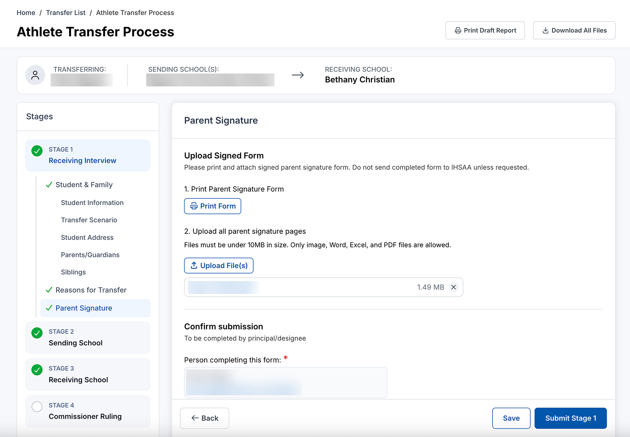 The redesigned Athlete Transfer Process, with a stage list on the left and the current step on the right. Personal details are blurred.
