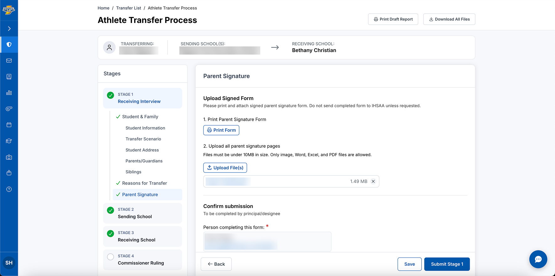 The redesigned Athlete Transfer Process, with a stage list on the left and the parent signature step on the right.